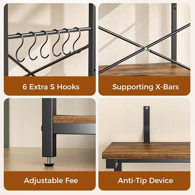 VUSIGN Kitchen Bakers Rack with Power Outlet, 4 Tiers Microwave Stand with Storage, 23.6 Inch Coffee Bar Station with 6 S Hooks, Adjustable Shelf Rack for Pots/Pans/Spices, Rustic Brown