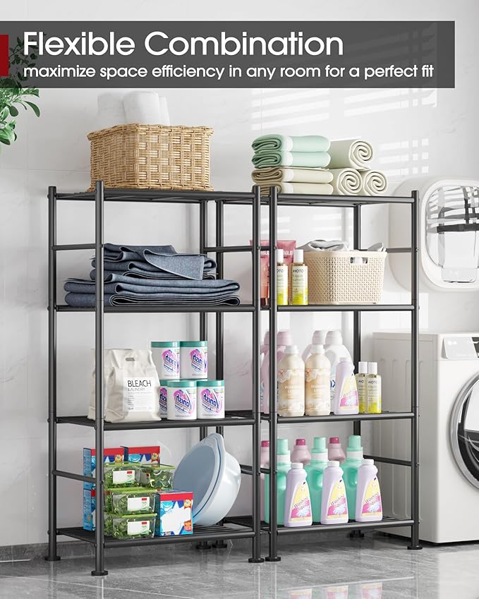 Sakugi Storage Shelves - 4 Tier Shelf Organizer, Sturdy Metal Garage Shelving with Adjustable Leveling Feet, Space-Saving Shelves Organizer for Pantry, Laundry, Kitchen (18" x 12" x 44", Black)