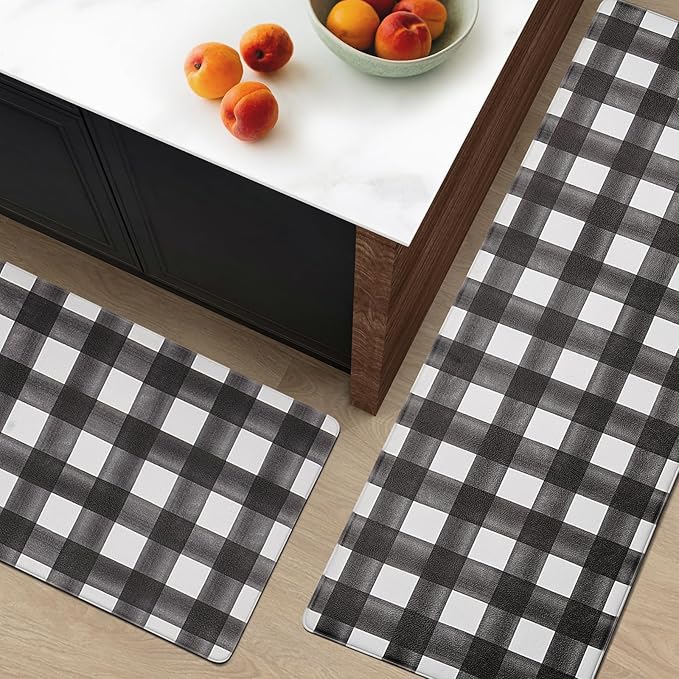 FRESHMINT Modern Farmhouse Plaid 2 Piece Set Kitchen Mats for Floor Anti Fatigue Waterproof & Non-Skid Kitchen Rugs Cushioned Kitchen Mat for Standing Washable Comfort Desk Kitchen Runners