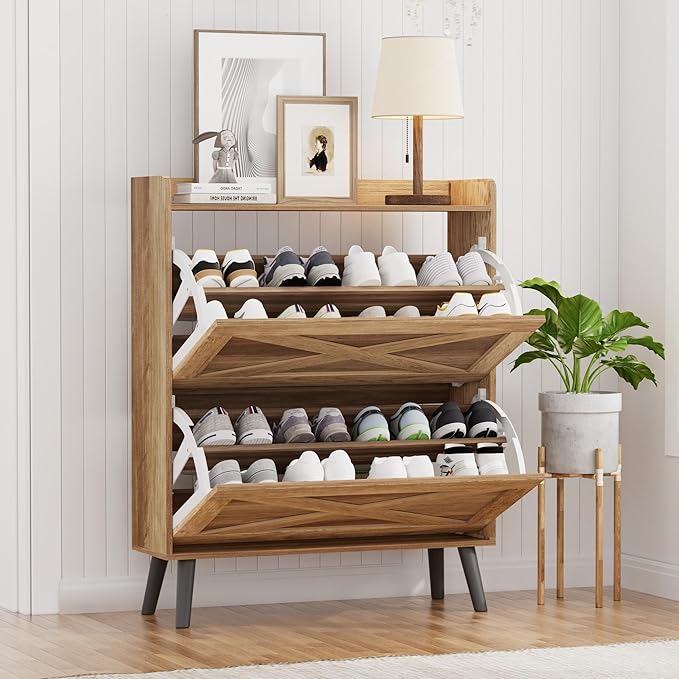 Homleke 32" W Farmhouse Shoe Storage Cabinet with 2 Flip Drawers and Barn Door Design, Adjustable Shelves, Hidden Slim Narrow Shoe Rack Cabinet for Entryway, Foyer, Hallway, Living Room, Rustic Walnut