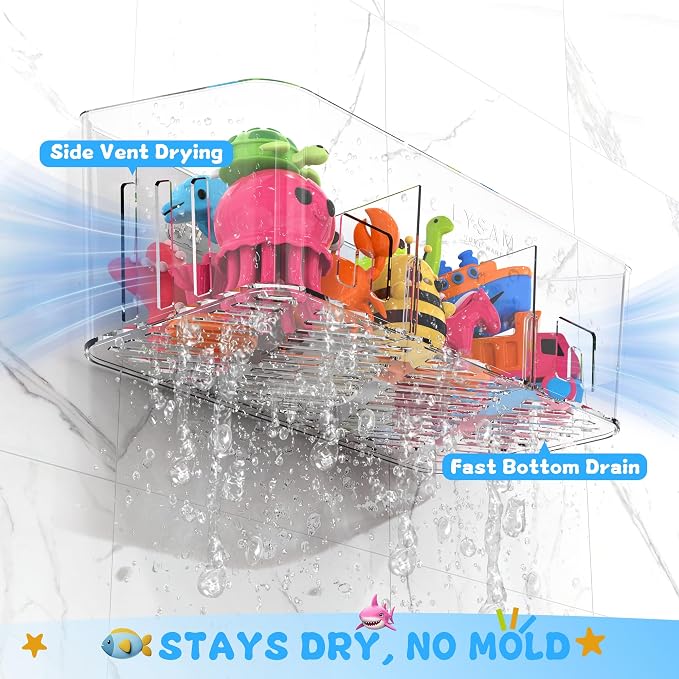 Lysam Bath Toy Storage 4 Packs, Large Bath Toy Holder with 3 Compartment, Quick Dry Bathtub Toy Organizer, Bath Tub Toy Net, Shower Toy Basket & Bin, Bathroom Accessories for Baby,Toddler,Kids（Clear）