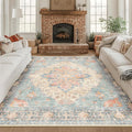 RELEANY Area Rugs Square 8ft Washable Non-Slip, Floral Vintage Distress Medallion Carpet for Living Room Bedroom Dining Room, Blue Orange Red