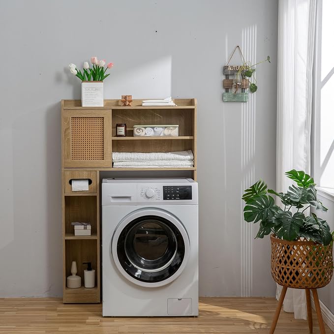 SUNTAGE 6Tier Over The Toilet Storage Cabinet, Freestanding Above Toilet Space Saver Rack w/Adjustable Shelves, Sliding Door, Multifunctional Over Toilet Organizer for Bathroom (Burlywood)