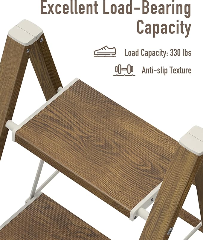 Mayi Plus 3 Step Ladder,Aluminum Folding Step Stool for Adults,Step Ladder with Wide Anti-Slip Pedal,330 lbs Capacity for Home,Kitchen,Library,Office(Cherry Woodgrain)