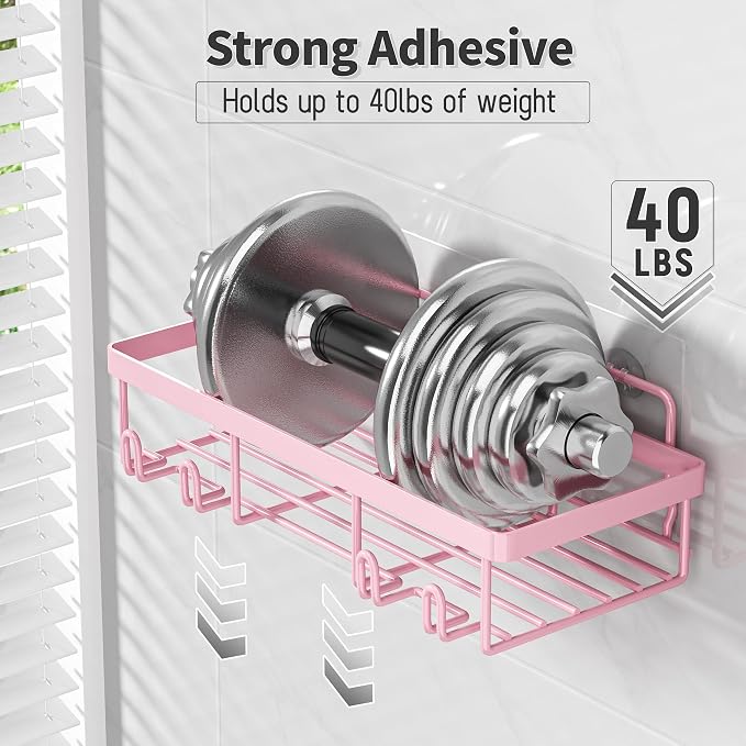 Liuoud 5 Pack Shower Caddy Organizer Rack Shelf for Inside Shower, Adhesive Bathroom Wall Storage Basket Rustproof Stainless Steel Shampoo Holder, Girly Bathroom Accessory Decor Set, Pink