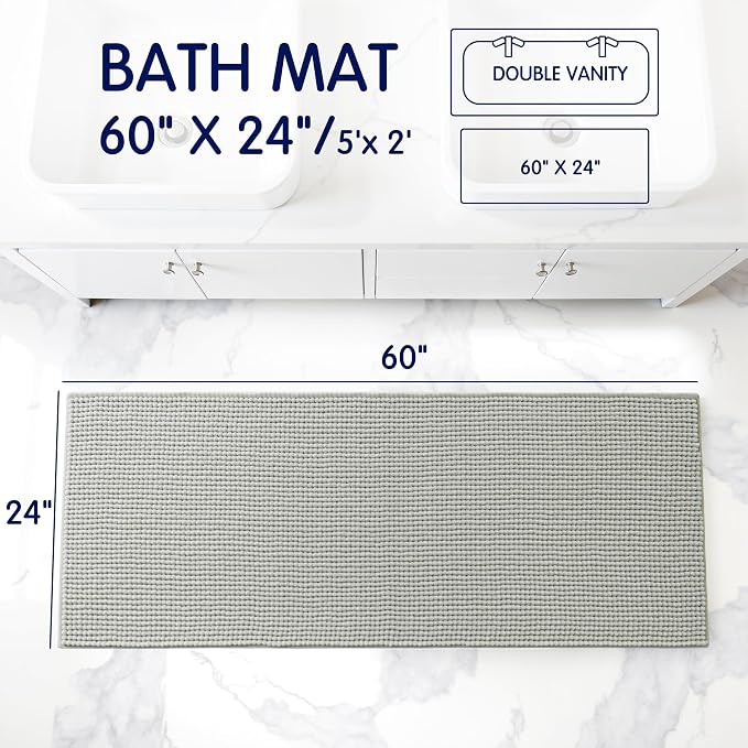 SUBRTEX Bathroom Rugs, 24" x 55" Chenille Bath Rug Soft Short Plush Bath Mat Soft Shower Mat Water Absorbent Shower Mat Quick Dry Machine Washable, Light Gray