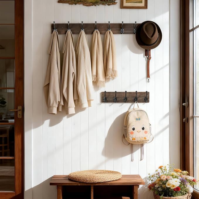 WEBI Rustic Coat Rack Wall Mount,35.43" Long 8 Cast Iron Coat Hooks Wall Mounted,Heavy Duty Wood Wall Coat Hanger Hooks for Hanging Coats,Jacket,Clothes,Backpack,Farmhouse,Weathered Brown