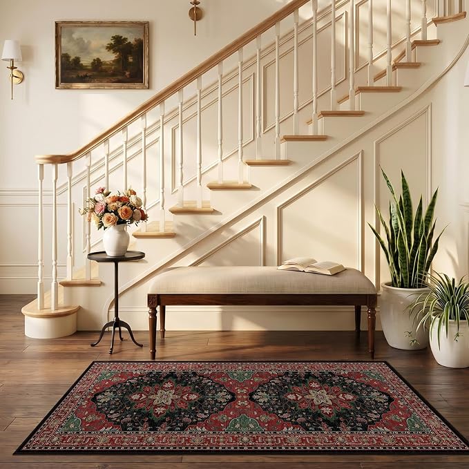 RELEANY Area Rugs Runner 2'6"x5' Washable Non-Slip, Floral Vintage Distress Medallion Carpet for Kitchen Hallway Bedroom Beside Laundry Room Bathroom, Red Black