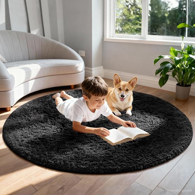 Ophanie Round Rug 6Ft Black Circle Area Rug, Room Decor for Men, Fluffy Fuzzy Bedroom Carpet, Plush Soft Shaggy Living Room Rugs for Kids Home Aesthetic, Nursery
