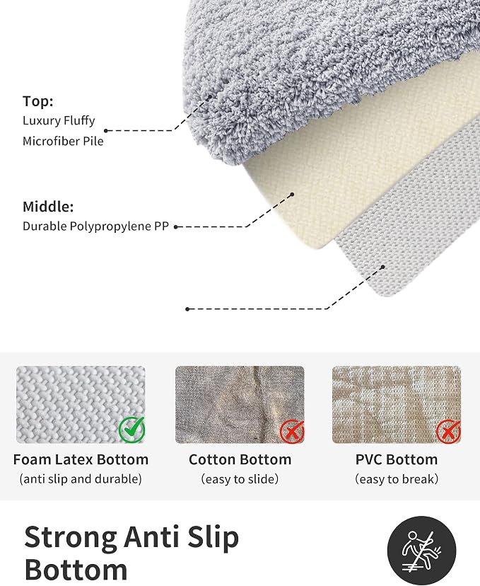 ILANGO Silver Bathroom Rugs 24" × 17" Small Non Slip & Super Absorbent Extra Thick Soft, Washable Bath Mat for Floor, Microfiber Plush Shaggy Bath Rug with Tub for Bathtub Shower Room Sink