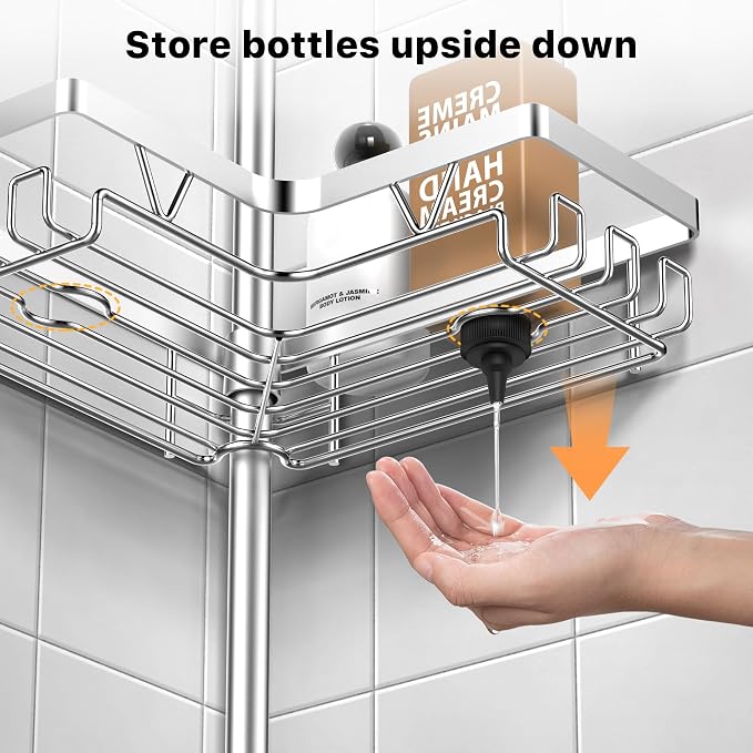 KEGII Shower Caddy Tension Pole with 2 Towel Bars, Adjustable Corner Bathroom Organizer, Rustproof Bathtub Storage Shelves for Shampoo, 25–114.2 Inch Shower Rack for Renters & Family, Silver