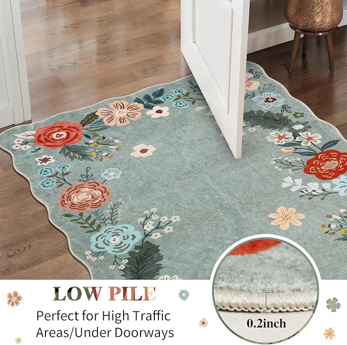 Runners for Hallways, 3x6 Runner Rug Non Slip with Soft Low Pile, Boho Floral Runner for Kitchen, Living Room, Entryway, Bedroom, Bathroom, Kid & Pet Friendly, Green