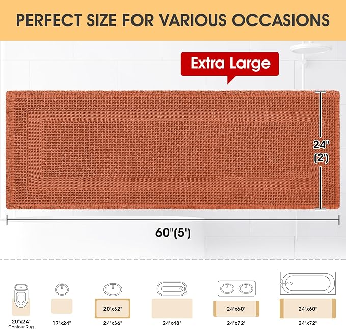 IM HOME Extra Large Waffle Bath Mat, Boho Bathroom Rugs Absorbent Non Slip, Ultra Soft Bathroom Mat, Machine Washable Knit Bath Rugs with Tassels for Bathroom,Bedroom,Kitchen,Tub,5'x2', Burnt Orange