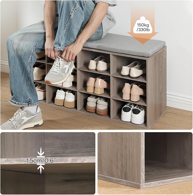 HOOBRO Shoe Storage Bench with Cushion, 39.4" L Entryway Bench with 12 Cubbies, Entryway Hall Tree with Storage, Shoe Cabinet with Coat Rack for Bedroom, Hallway, Holds up to 330 lb, Gray GY112HX01