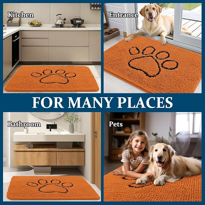 OLANLY Dog Door Mat for Muddy Paws 48x30, Paw Print Design, Absorbs Moisture and Dirt, Absorbent Non-Slip Washable Doormat, Quick Dry Chenille Mud Mat for Dogs, Entry Indoor Entryway Carpet, Clay
