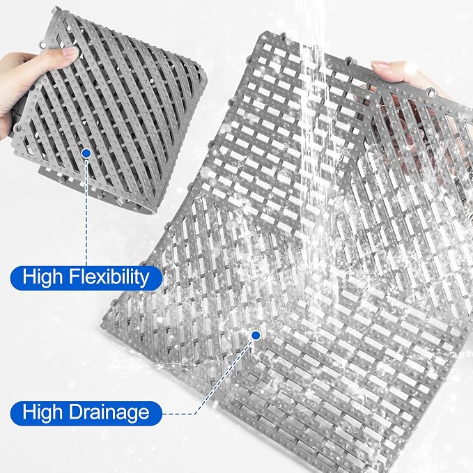 ToLanbbt Modular Interlocking Cushion 12P 11.8" x 11.8" Interlocking Rubber Floor Drain Holes Non-Slip Splicing Drainage Mats for Deck, Shower, Kitchen, Drain Pool, Sauna Bath (Grey, 1 Rows Dots)