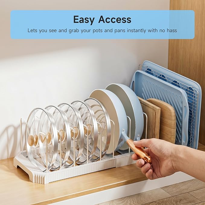 MUDEELA Pot Lid Organizer Rack for Cabinet, Expandable Pots and Pans Organizer under Cabinet with 12 Adjustable Dividers, Pan Organizers Holder inside Cabinet for Cutting Boards, Baking Sheets, White