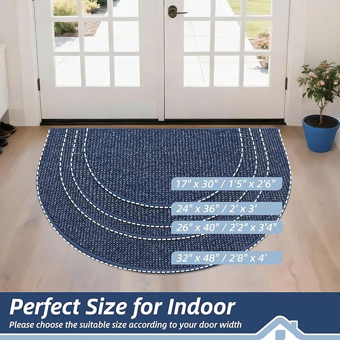 BEQHAUSE Dirt Trapper Door Mat 26" x 40" Half Circle Non-Slip Washable Doormats Entrance Rugs Absorbent Welcome Low Profile Floor Mats for Front Back Door and Entryway, Blue