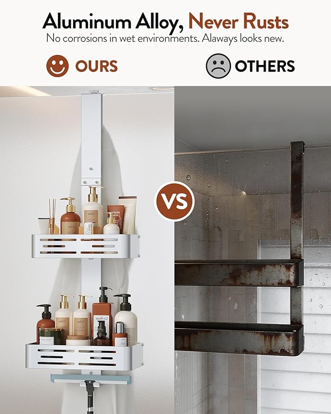 Orimade Aluminum Over the Door Shower Caddy, Rustproof Hanging Shower Organizer, Heavy Duty,Adjustable Height,Safe Rounded Edges, Bottom Plate to Hold Small Items, for Bathroom Storage, 2-Tier Silver