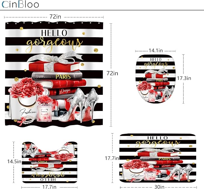 4Pcs Black Red Burgundy Shower Curtain Set, Fashion Flower Perfume Women Girly Modern Bathroom Curtain with Rug, Toilet Lid Cover, Bath Mat, High Heels Magazine Shower Curtain with 12 Hooks