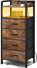 Lazzanto Night Stand Bedside Table Bedroom - Tall Nightstand with Charging Station & LED Light Strip, Bed Side Table with Storage Shelf & 4 Drawers, End Table with U-S-B Ports & AC Outlets, Brown