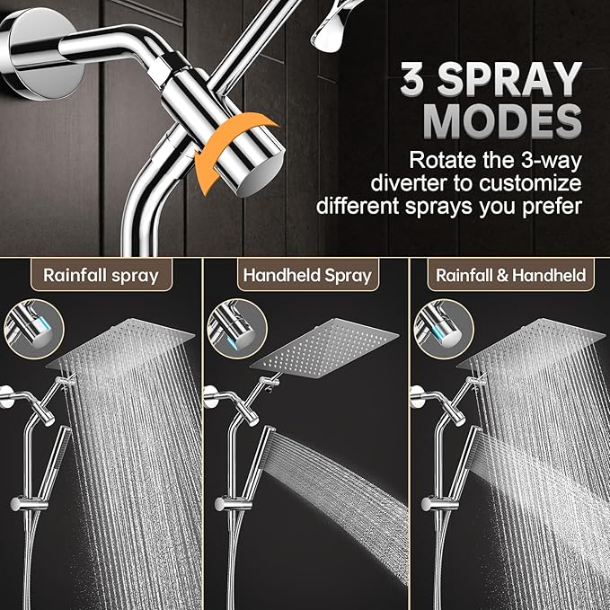 Veken All Metal 12" Large Shower Head with Handheld, Full Body Coverage，Luxurious Square Double Large Rain Shower Heads,Power Wash Wand, Dual Big Detachable Rainfall Showerhead with Spray Combo,Chrome