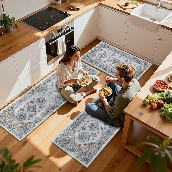 HEBE Boho Kitchen Rug Sets 3 Piece with Runner Non Slip Kitchen Rugs and Mats Washable Kitchen Mats for Floor Thick Kitchen Floor Mat Carpet Runner Rugs for Hallway Laundry Holiday Decor