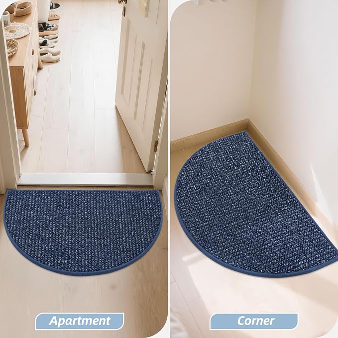 BEQHAUSE Dirt Trapper Door Mat 17" x 30" Half Circle Non Slip Washable Doormats Entrance Rugs Absorbent Welcome Low Profile Floor Mats for Front Back Door and Entryway, Blue