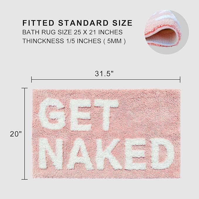 Get Naked Bath Mat, Cute Bedroom Rugs, Funny Pink Living Room Mat for Apartment Decor, Soft & Absorbent Plush Non-Slip Bottom Multi-Purpose Door Mat Home Carpets 31.5" x 20"