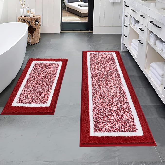 Pauwer Bathroom Rugs Sets 2 Piece, Non Slip Bath Mats, Absorbent Bath Rugs Floor Mat, Machine Washable Shower Rugs for Bathroom Floor, Tub and Shower, Red