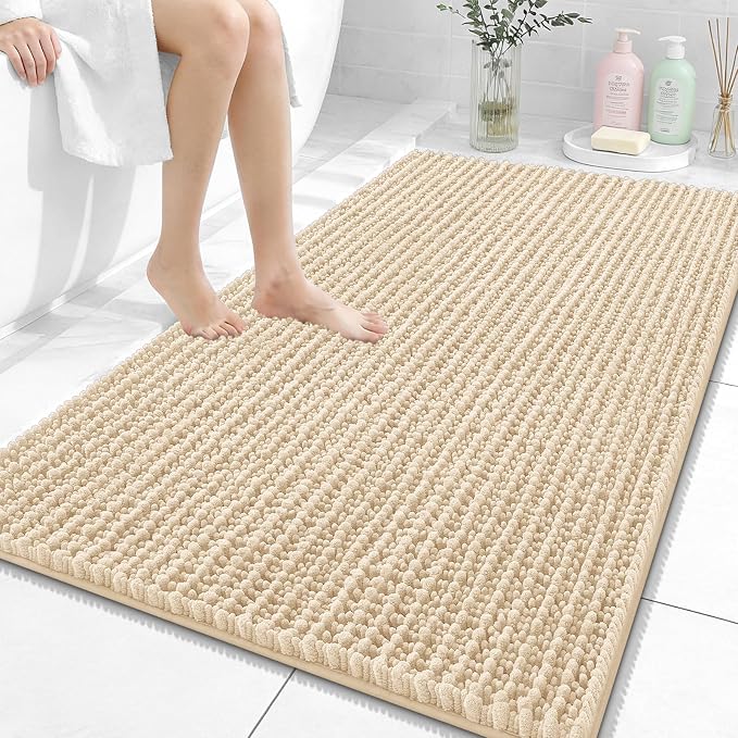 OLANLY Bathroom Rug Mat 44x32, Thick Soft and Absorbent Chenille Bath Mat, Non-Slip Rubber Backing, Machine Washable Quick Dry Bath Rugs for Tub Shower Floor, Home Decor Accessories, Beige