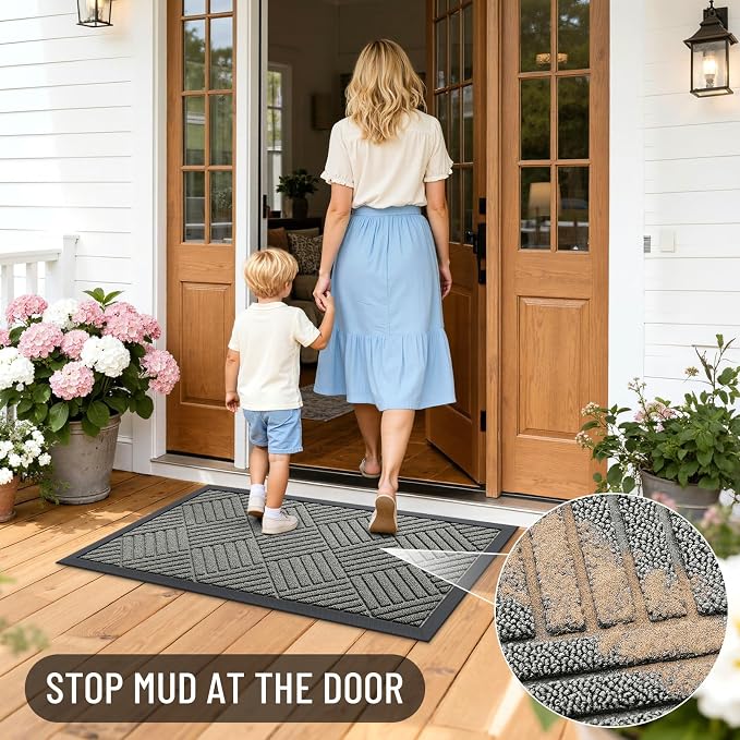 OLANLY Front Door Mat Outside Entrance 35x23, Absorbent, Heavy Duty Sturdy Natural Rubber Doormat Indoor Outdoor, Stain Fade Resistant, Non-Slip Low Profile Floor Mat for Entryway, Modern Gray Diamond