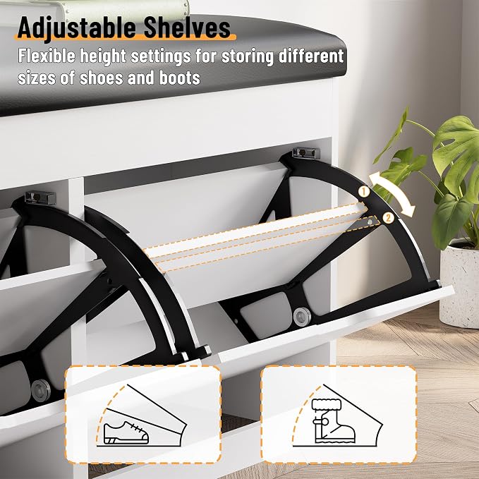 40" Shoe Storage Bench with 2 Flip Drawers & Padded Seat Cushion, Shoe Cabinet with Lift Top Storage Box, Shoe Bench Shoe Organizer for Entryway, Hallway, Living Room, White