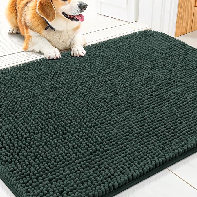 Smiry Dog Door Mat for Muddy Paws 30x20, Absorbent Dirt Trapper, Non-Slip Washable Chenille Entryway Rug for Inside Floor, Green, Classic Solid