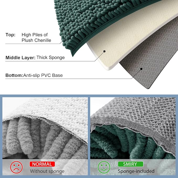 Smiry Luxury Chenille Bathroom Rugs 59x24, Extra Soft and Absorbent Shaggy Bath Mat, Machine Washable, Non-Slip Plush Carpet Runner for Tub, Shower, and Floor, Home Decor Accessories, Green