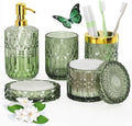 QIQU Green Glass Bathroom Accessories Set 5 Pcs, Green Bathroom Set, Soap Dispenser and Toothbrush Holder Set, Qtip Holder Set, Vintage Bathroom Sink Set, Cute Bathroom Decor