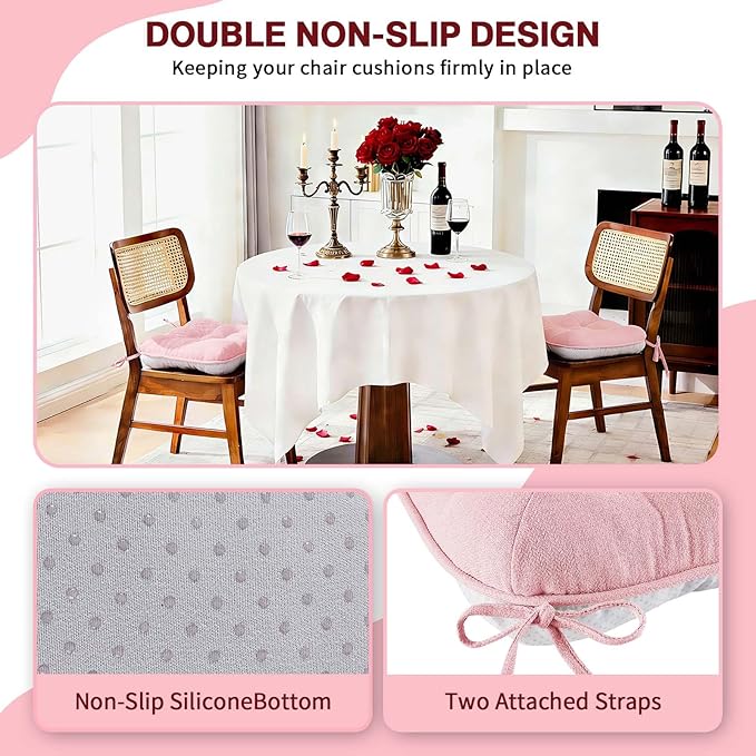 BETU Pink Chair Cushions for Dining Chairs Set of 2,3.5" Thick Kitchen Table Chair Pads with Ties,Non Slip Backing and Covers, Seat Cushion for Dining Room,Bar,Patio Chairs,15.5"X15.5"X3.5",Pink
