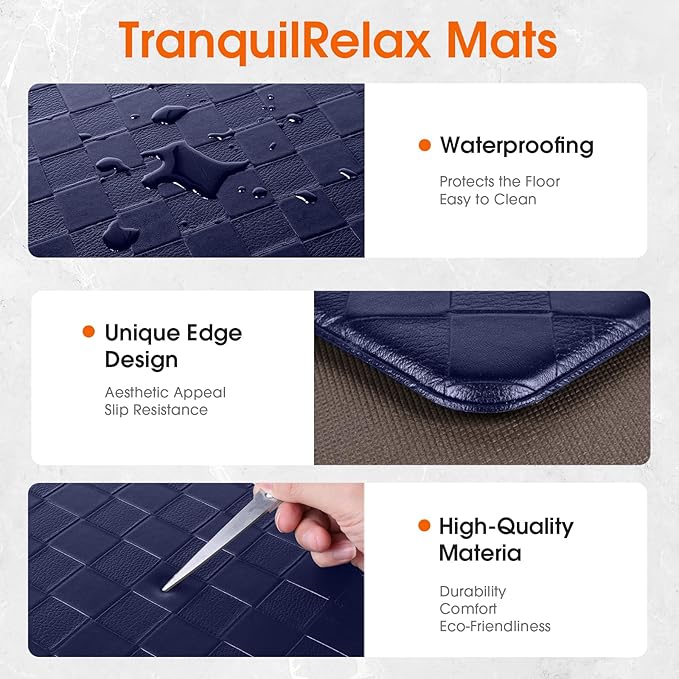 TranquilRelax Kitchen Mats, 2PCS Kitchen Rugs, Cushioned Anti Fatigue Kitchen Mats for Floor, Non-Slip Standing Desk Mat, Waterproof Kitchen Rug Set for Kitchen, Floor, Office,17.3"×30"+17.3"×59",Blue