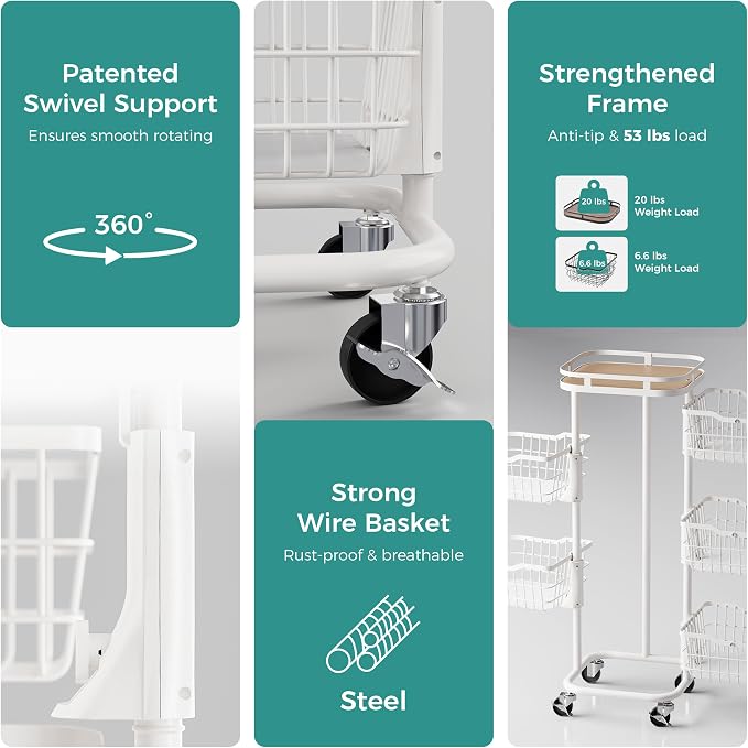 5 Tier Kitchen Fruit Vegetable Storage Cart with Rotating Basket, Rolling Rack Shelf Organizer Floor Stand on Wheel for Snack Spice Produce Veggie Onion Potato Bin, Vianderos Para Cocina, White
