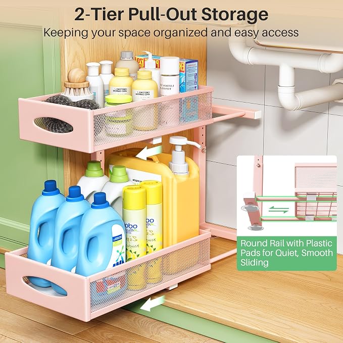 2 Pack Under Sink Organizer, 2 Tier Pull out Cabinet Organizer Mesh Baskets with 5 Adjustable Heights, Sliding Drawers Storage Shelf for Home, Kitchen, Bathroom, Pantry, Office, Countertop ,Pink