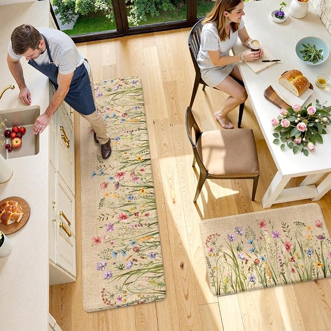 KIMODE Kitchen Anti Fatigue Mats, Farmhouse Flower Kitchen Rugs Sets of 2, Memory Foam Kitchen Mats for Floor, Waterproof Non Skid Standing Mats for Sink Laundry Office Desk Brown 20"x71"+20"x32"