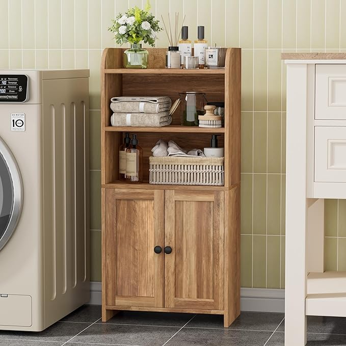 Homhedy Small Bathroom Storage Cabinet, Freestanding Toilet Paper Storage with 2 Doors and Shelves, Bathroom Organizers and Storage for Small Spaces, 7.9" D x 14.6" W x 31" H, Rustic Walnut