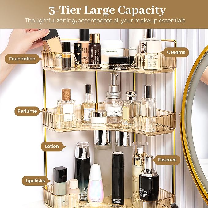 Aveniee Corner Bathroom Counter Organizer, Bathroom Countertop Shelf Makeup Organizer for Vanity Perfume Tray for Corner Storage (3 Tiers, Gold)