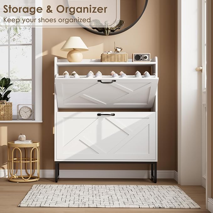 Nicetree Shoe Storage Cabinet with 2 Flip Drawers, Freestanding Shoe Organizer, Shoe Cabinet with Metal Legs, Narrow Shoe Rack Cabinet, Farmhouse Slim Shoe Cabinet for Entryway, Foyer, Hallway, White