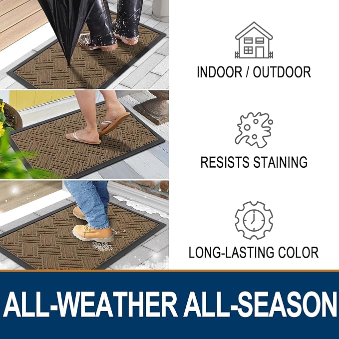 OLANLY Indoor Outdoor Mat, Sturdy Natural Rubber Floor Mat, Non Slip Low Profile Waterproof Doormat, and Stain Front Door Mats, Easy Clean Patio Entrance Mat, 30''x17'', Light Brown