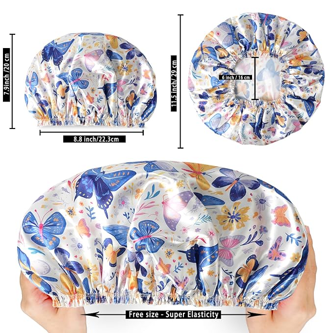 4 PCS Shower Cap for Women, Elastic and Reusable Bath Caps, Double Layers Shower Caps Reusable Waterproof, Bathing Shower Caps, Environmental Bath Hair Protection Cap - Butterfly C