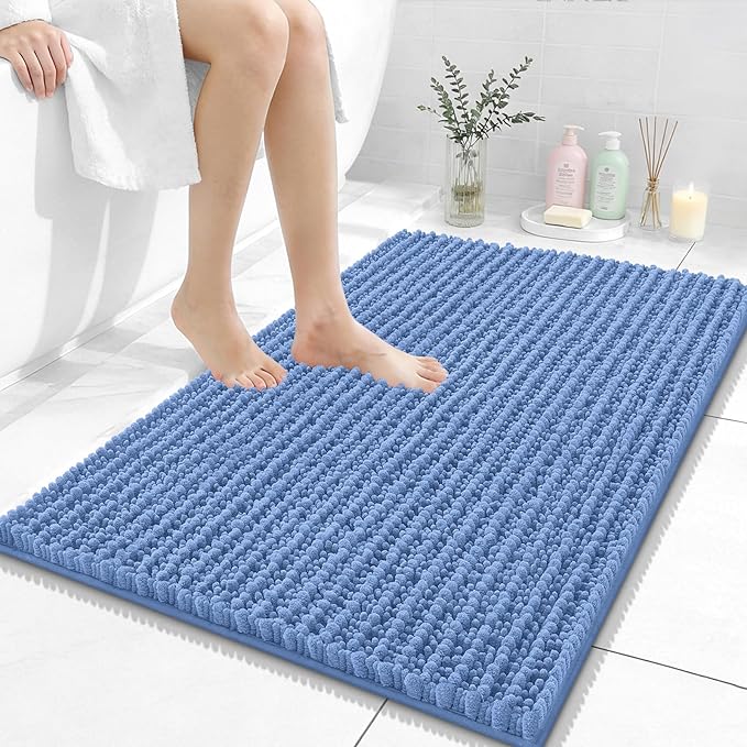OLANLY Bathroom Rug Mat 36x24, Thick Soft and Absorbent Chenille Bath Mat, Non-Slip Rubber Backing, Machine Washable Quick Dry Bath Rugs for Tub Shower Floor, Home Decor Accessories, Cornflower Blue