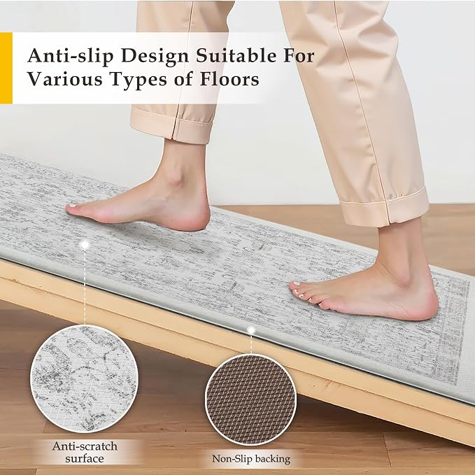 PureCozy Kitchen Mats for Floor Anti Fatigue Cushioned Gray Vintage Kitchen Mats Waterproof Non Slip Comfort Standing Grey Retro Floral Runner Rug for Sink Laundry Office Bathroom 17.3"x47"