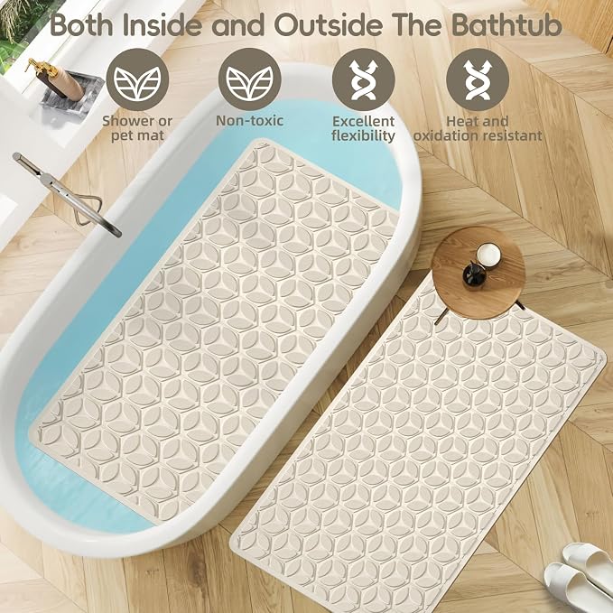Bathtub Mat Non Slip with Suction Cups - 100% Rubber Bathroom Mat Textured for Bath Tub Shower Safety - Soft on Touch - BPA/PVC Free - Pet Dog Bath Mat - Machine Washable - 16 × 28 Inch（Beige）