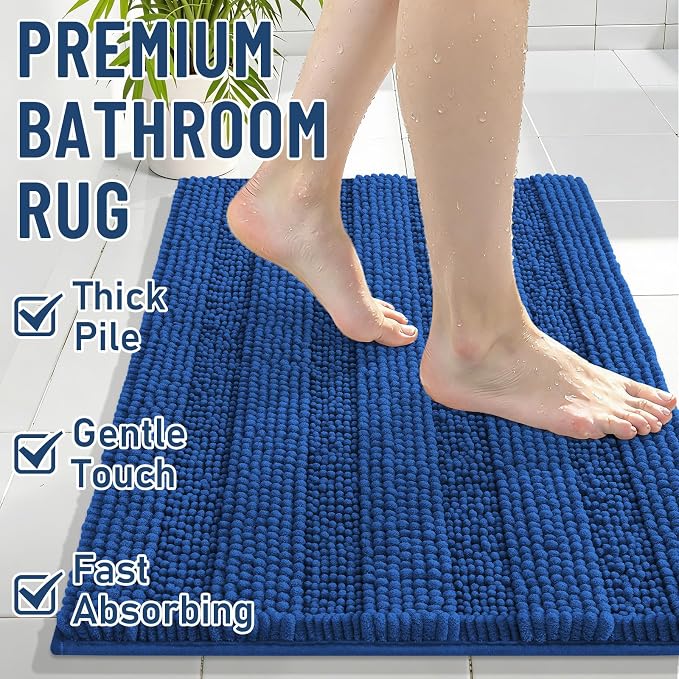 Grandaily Chenille Striped Bathroom Rugs 36x24, Extra Thick and Soft Absorbent Bath Mats, Rubber Backing, Plush Shaggy Shower Carpet, Machine Wash Dry, Bath Rug for Bathroom, Deep Navy Blue